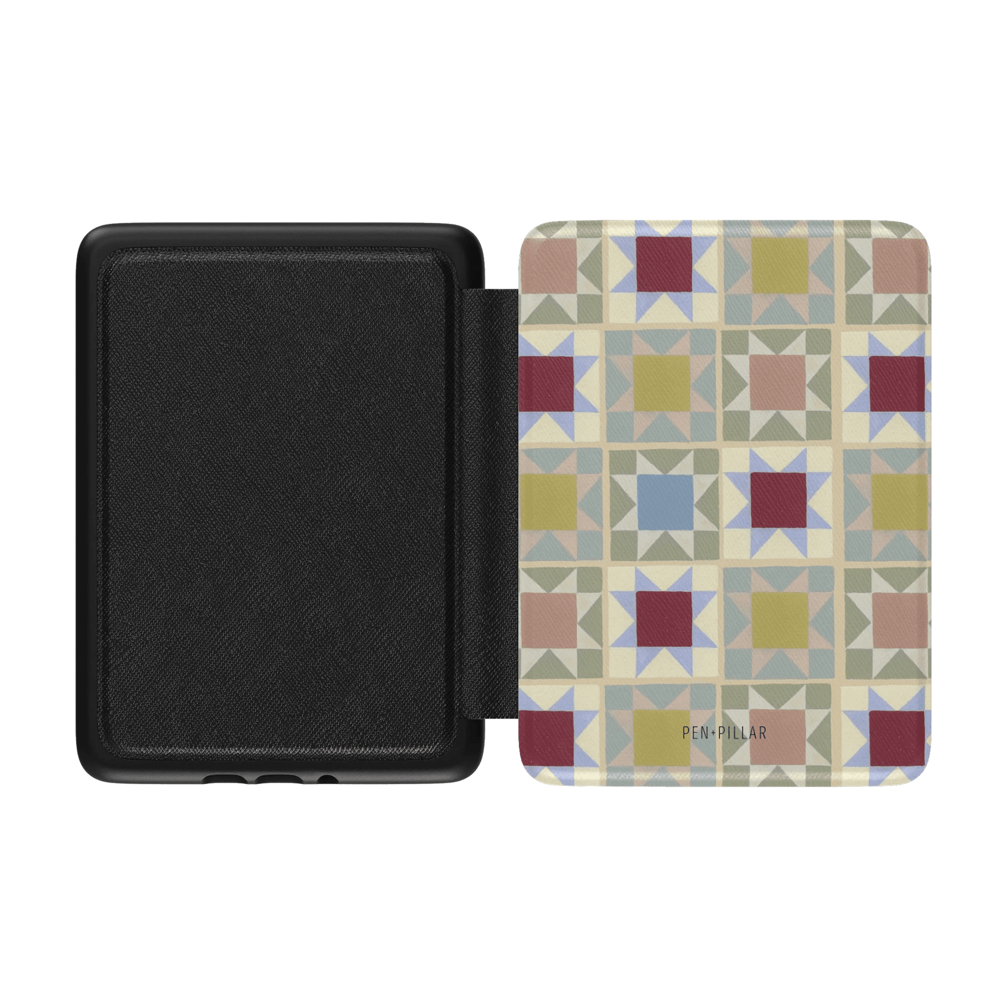 Heirloom Kindle case featuring a geometric pattern in muted colors, with a black interior and a textured exterior.