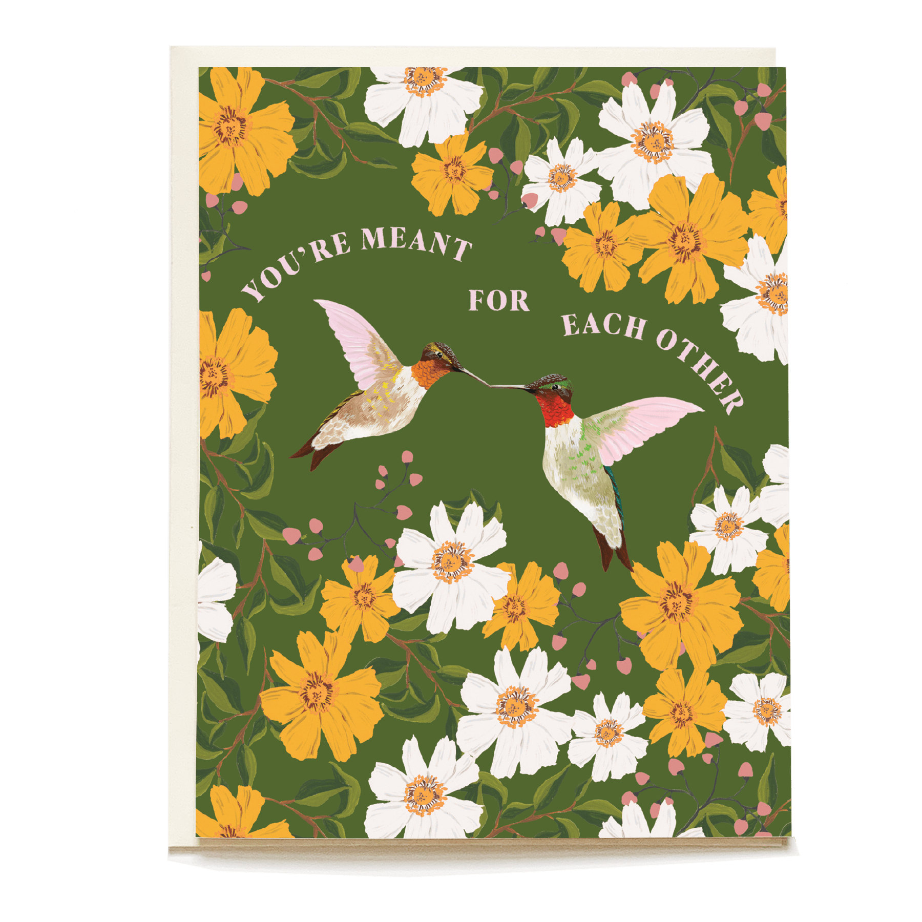 Hummingbird wedding card featuring two hummingbirds and floral designs in yellow and white on a green background.