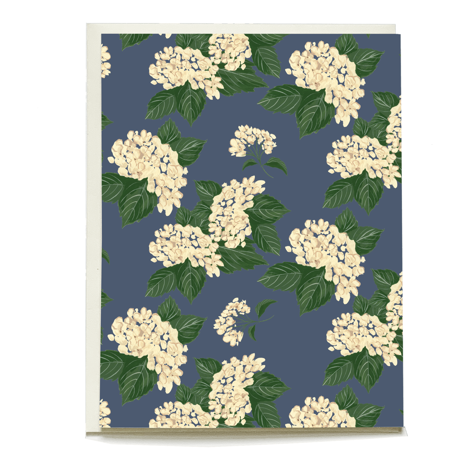 Hydrangea blank card featuring white flowers and green leaves on a dark blue background.