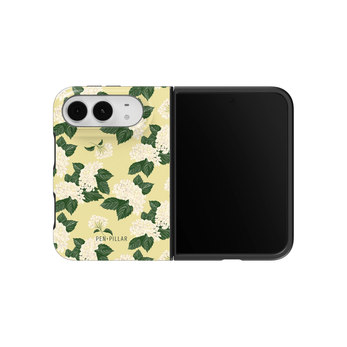 Hydrangea iPhone 18 Duo case on an unfolded iPhone 18 Duo, back and screen side by side: white hydrangeas and green leaves on buttery yellow
