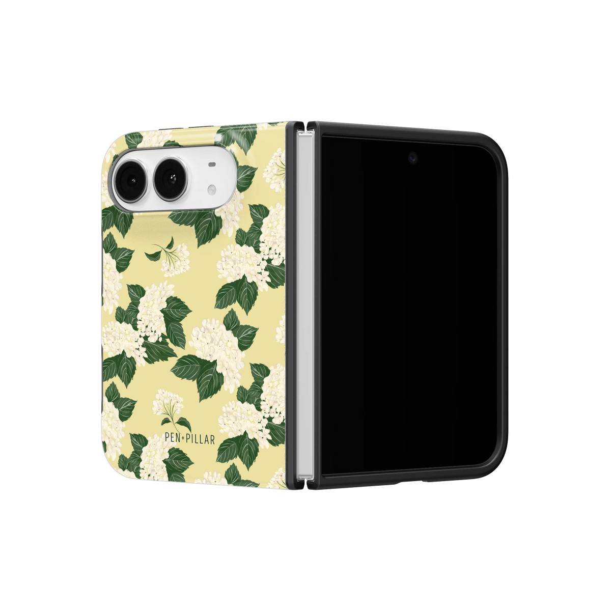 Hydrangea iPhone 18 Duo case on a half-open iPhone 18 Duo, angled view