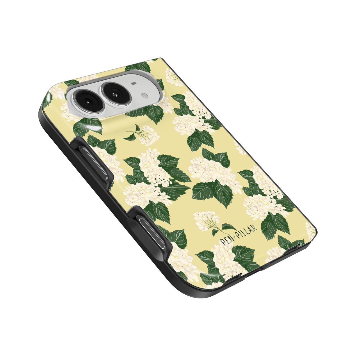 Hydrangea iPhone 18 Duo case, angled view showing the camera surround and side buttons