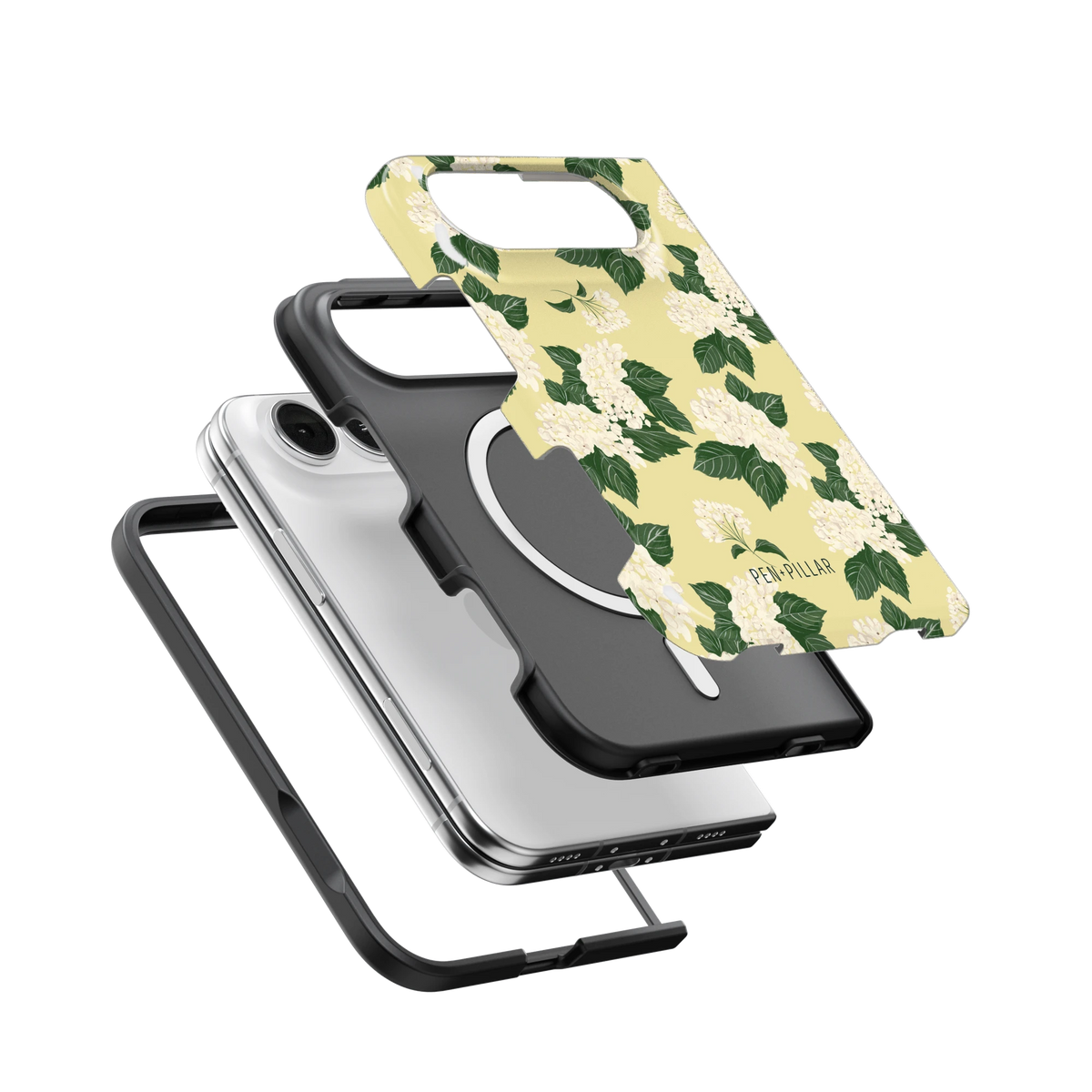 Hydrangea iPhone 18 Duo case, exploded view of the printed shell, black inner layer with MagSafe ring, and phone