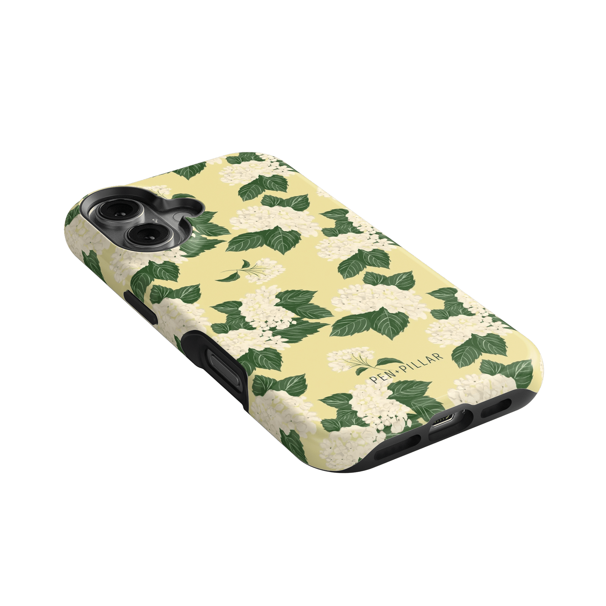 Hydrangea iPhone case featuring a yellow background with white hydrangea flowers and green leaves.
