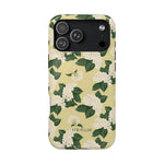 Hydrangea iPhone case featuring a floral design with white flowers and green leaves on a light yellow background.