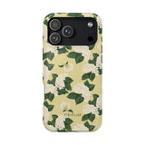 Hydrangea iPhone case featuring a floral design with white flowers and green leaves on a light yellow background.