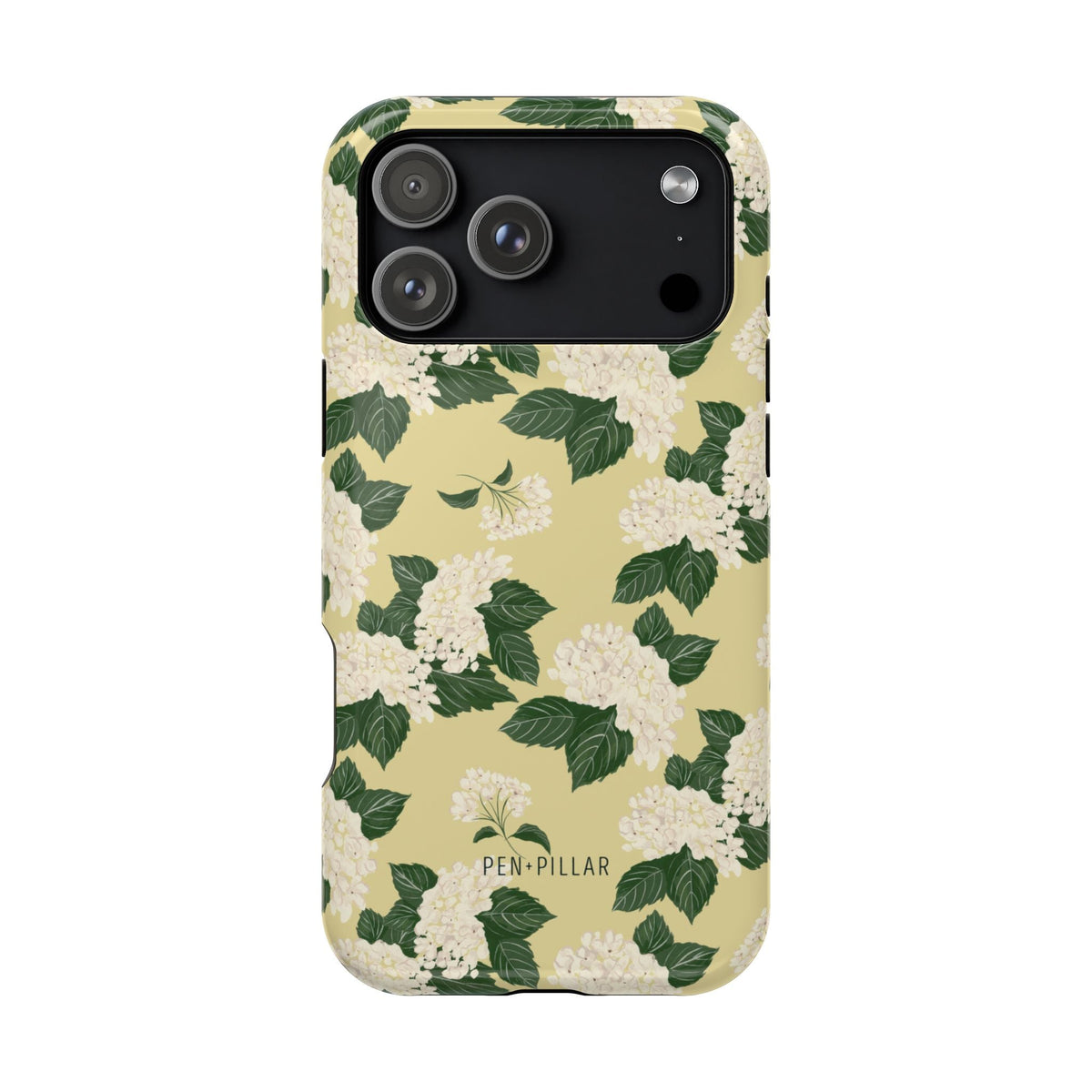 Hydrangea iPhone case featuring a floral design with white flowers and green leaves on a light yellow background.