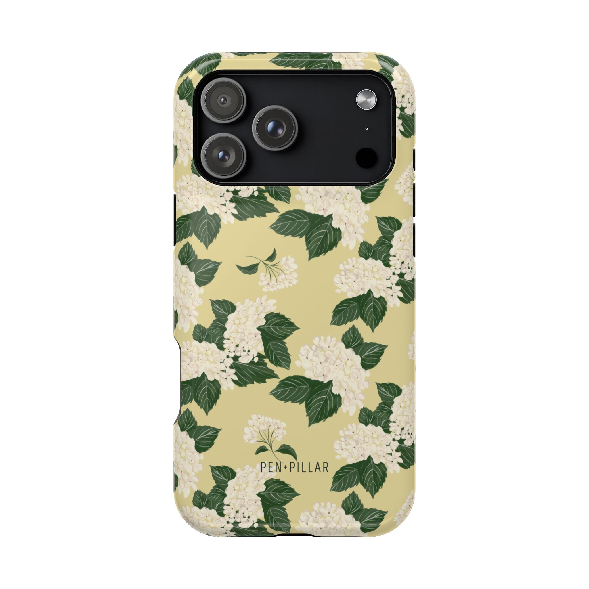 Hydrangea iPhone case featuring a floral design with white flowers and green leaves on a light yellow background.