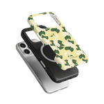 Hydrangea iPhone case featuring a floral design with green leaves on a yellow background, stacked with black and clear cases.