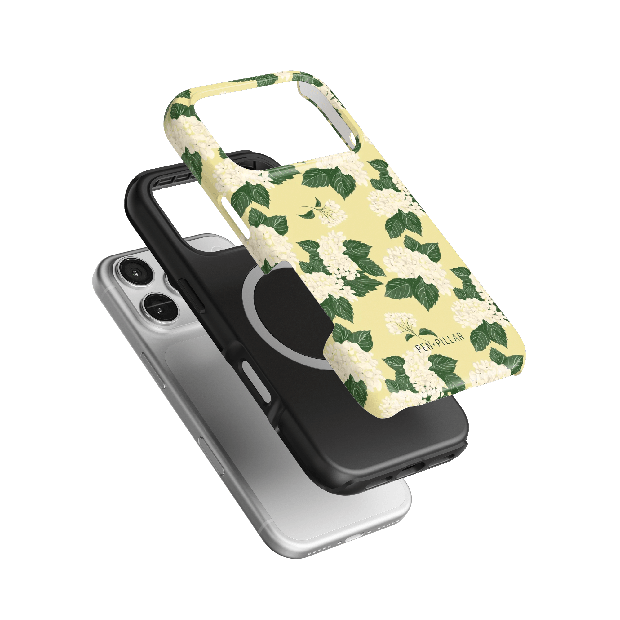 Hydrangea iPhone case featuring a floral design with green leaves on a yellow background, stacked with black and clear cases.