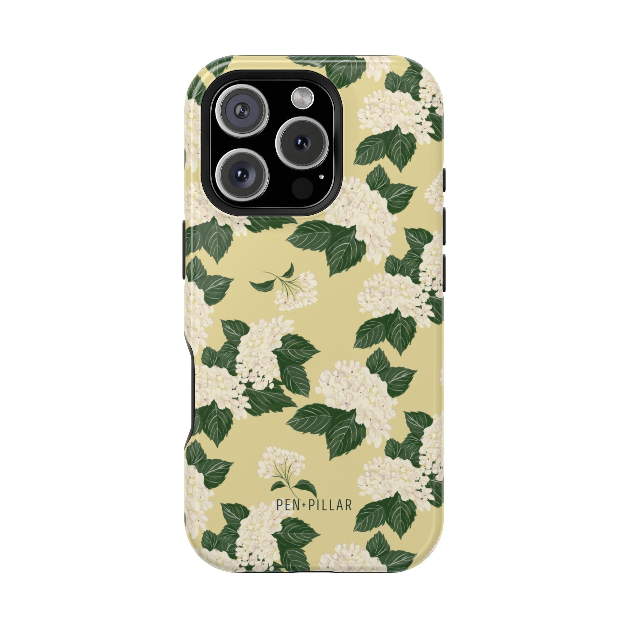 Hydrangea iPhone case featuring a floral design with white flowers and green leaves on a yellow background.