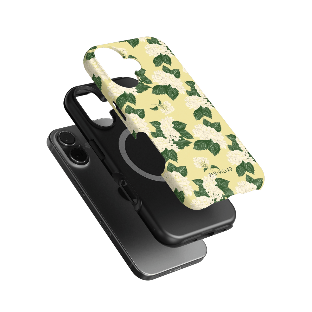 Hydrangea iPhone case featuring a yellow background with green leaves and white flowers, stacked with a black case.
