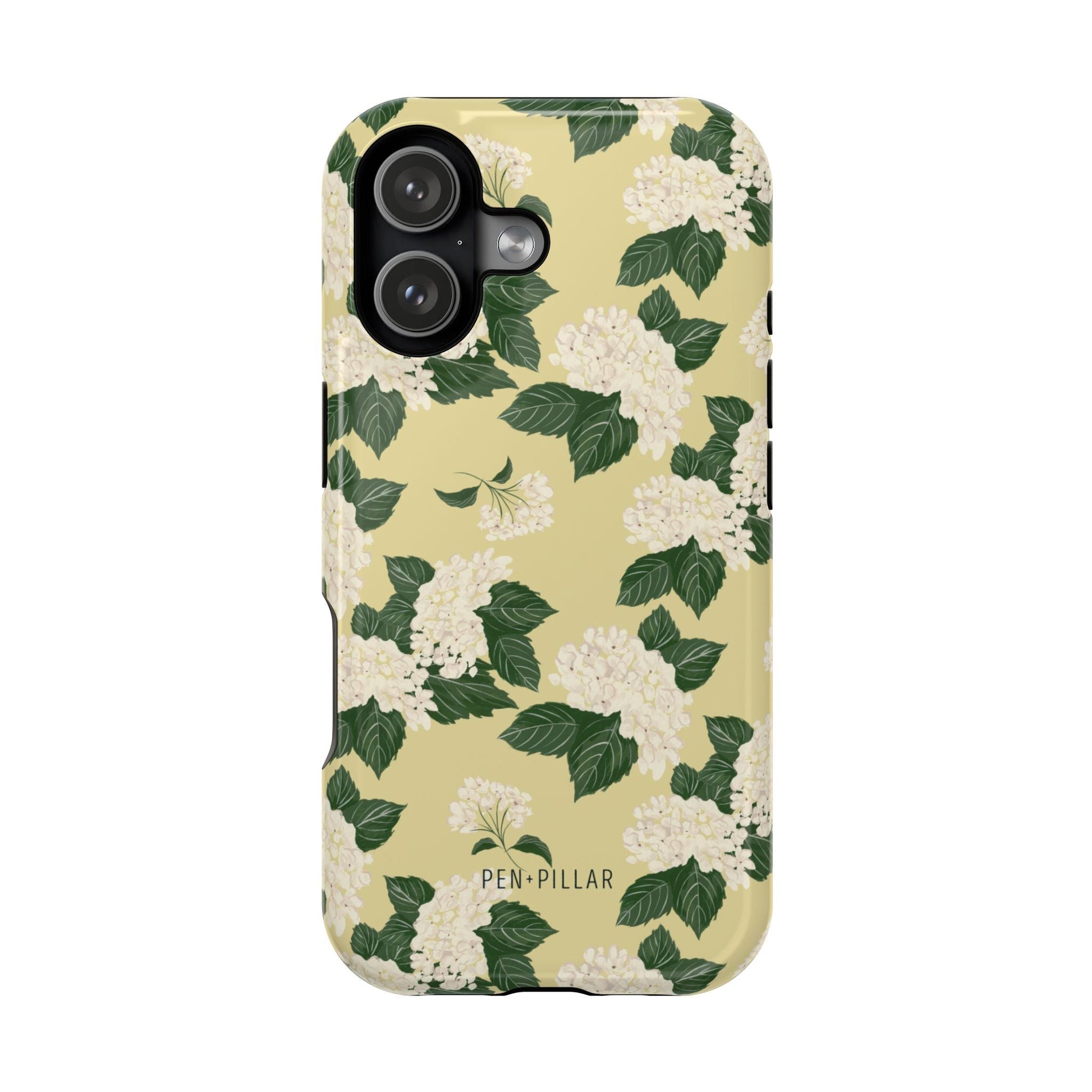Hydrangea iPhone case featuring a yellow background with white hydrangea flowers and green leaves.
