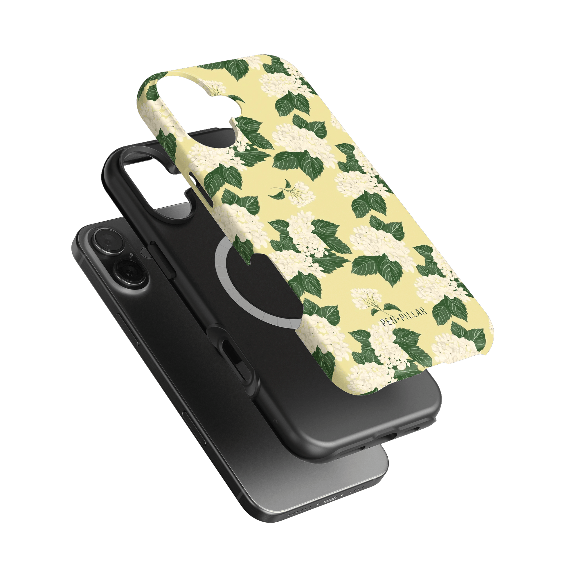 Hydrangea iPhone case featuring a floral design with white hydrangeas on a yellow background, layered over black cases.
