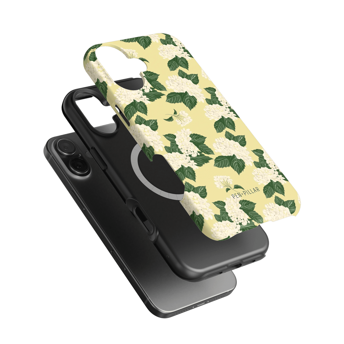 Hydrangea iPhone case featuring a floral design with white hydrangeas on a yellow background, layered over black cases.