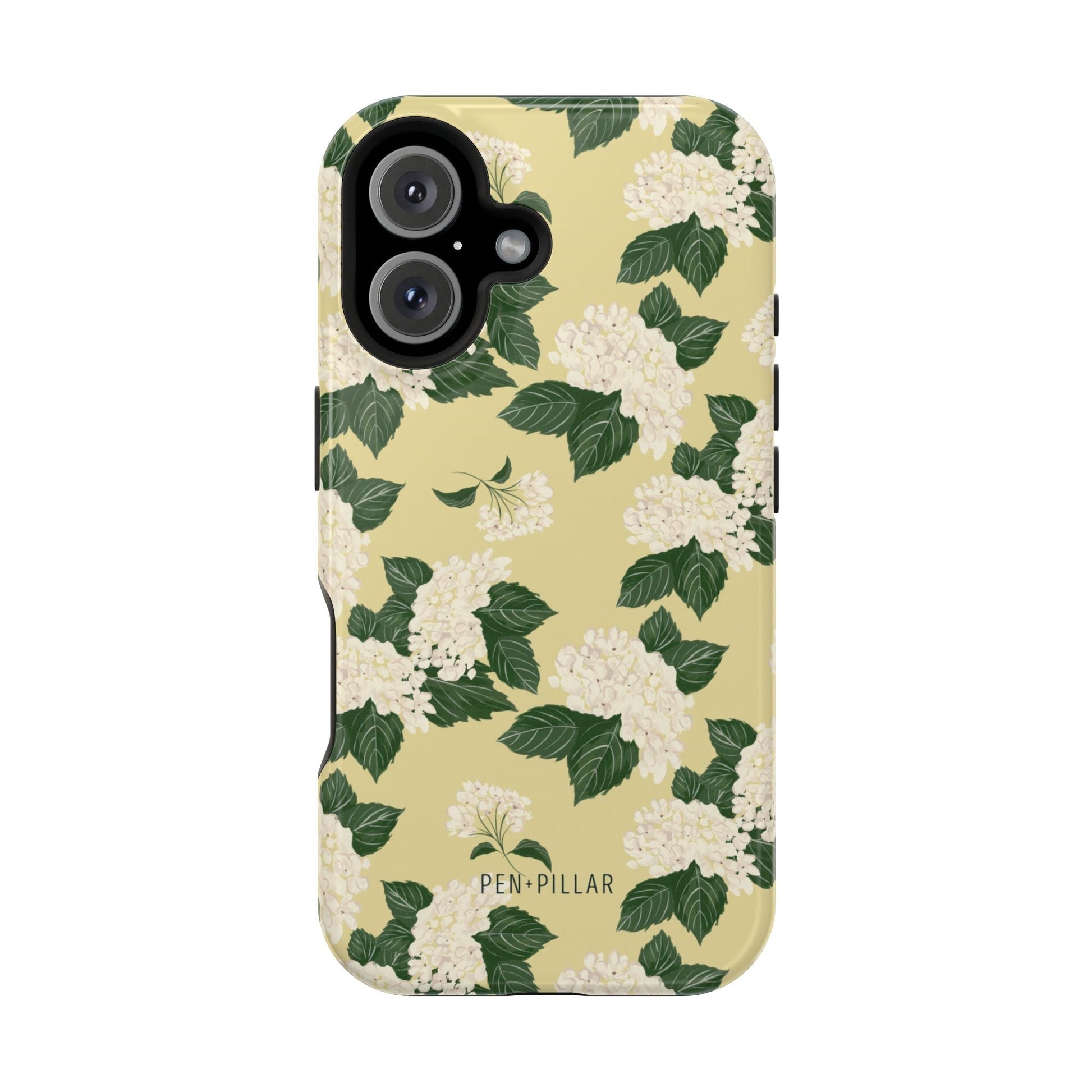 Hydrangea iPhone case featuring a yellow background with white flowers and green leaves, showcasing a floral pattern.