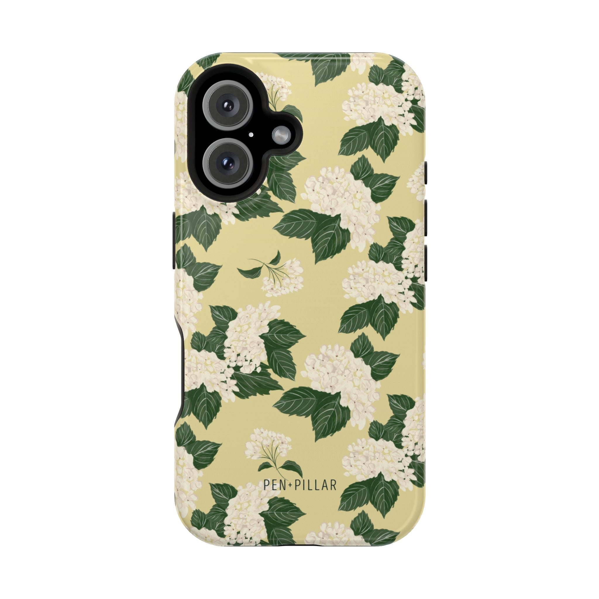 Hydrangea iPhone case featuring a yellow background with white flowers and green leaves, showcasing a floral pattern.