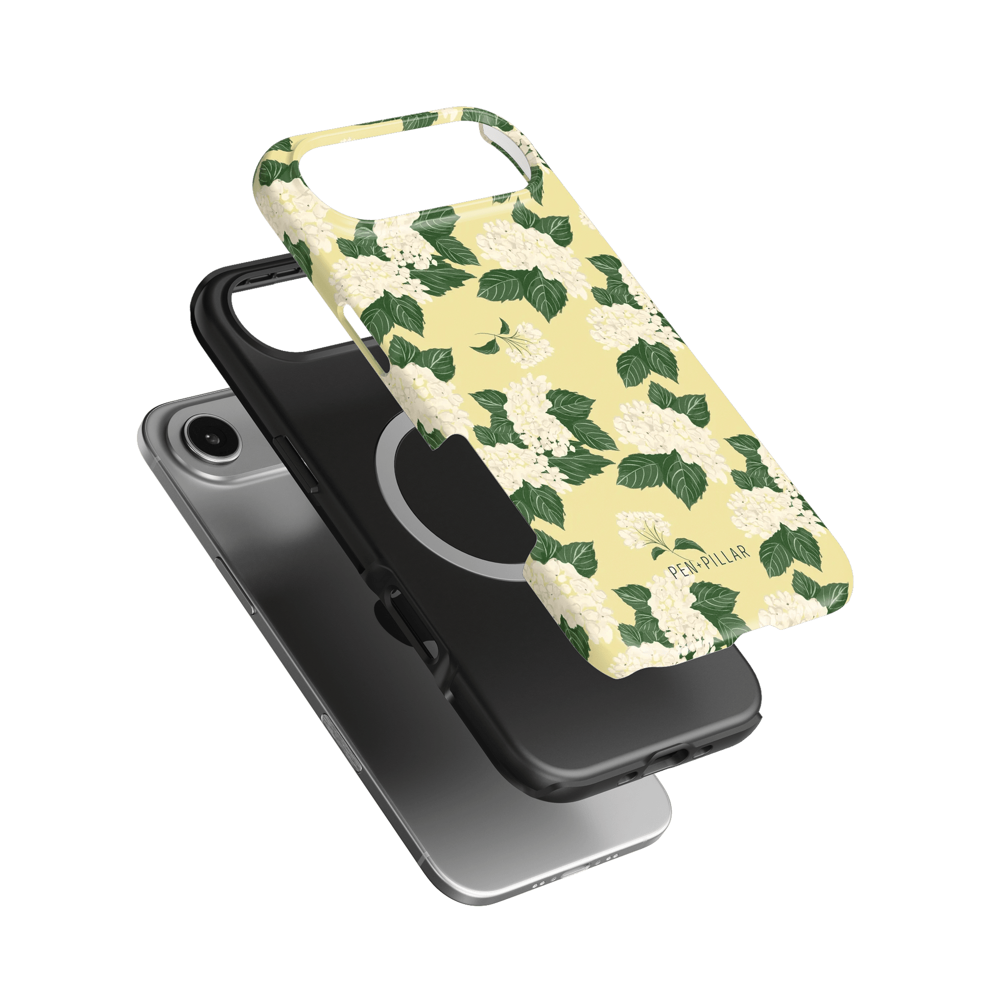 Hydrangea iPhone case featuring a yellow floral design with white hydrangeas and green leaves, layered over a black case.