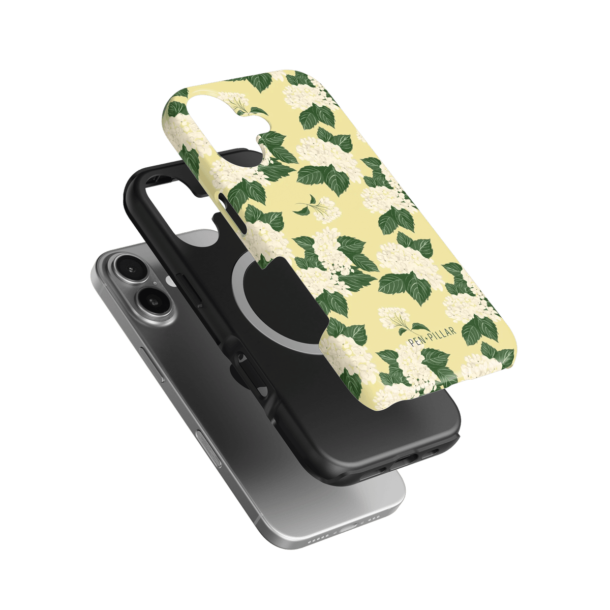 Hydrangea iPhone case featuring a floral design with yellow background and green leaves, stacked over a black case.