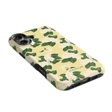 Hydrangea iPhone case with a yellow background and white floral design, angled to show side and camera cutouts.