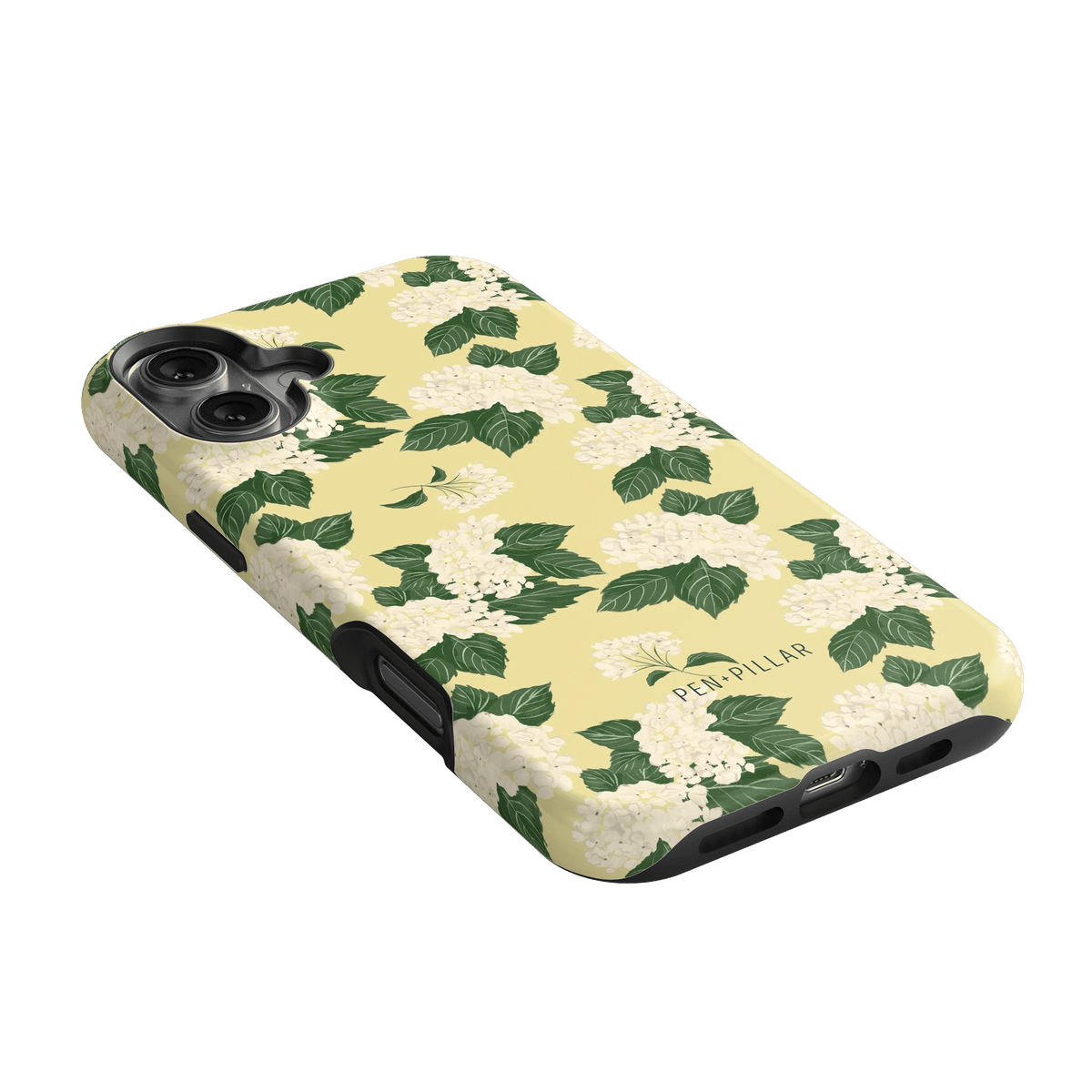 Hydrangea iPhone case with a yellow background and white floral design, angled to show side and camera cutouts.