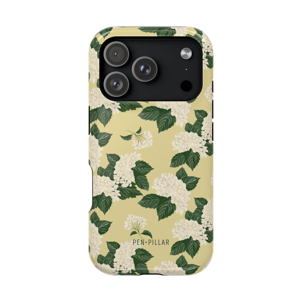 Hydrangea iPhone case featuring a floral design with white flowers and green leaves on a light yellow background.