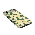 Hydrangea iPhone case with a yellow background and white floral pattern, angled view showcasing design details.