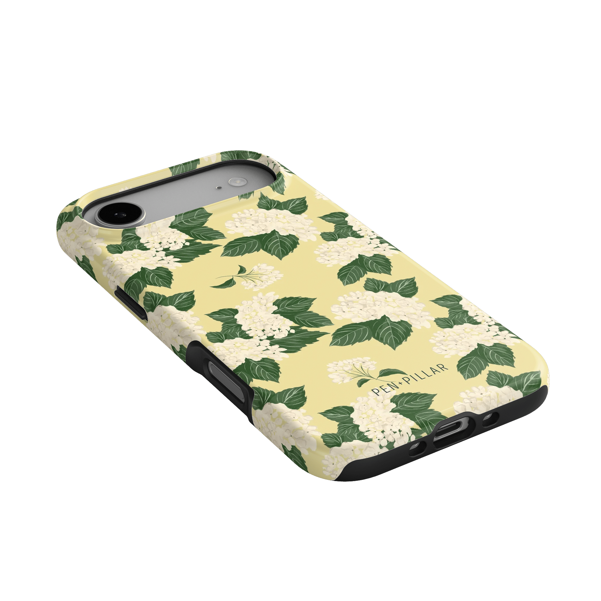 Hydrangea iPhone case with a yellow background and white floral pattern, angled view showcasing design details.