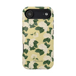 Hydrangea iPhone case featuring a floral design with white flowers and green leaves on a light yellow background.