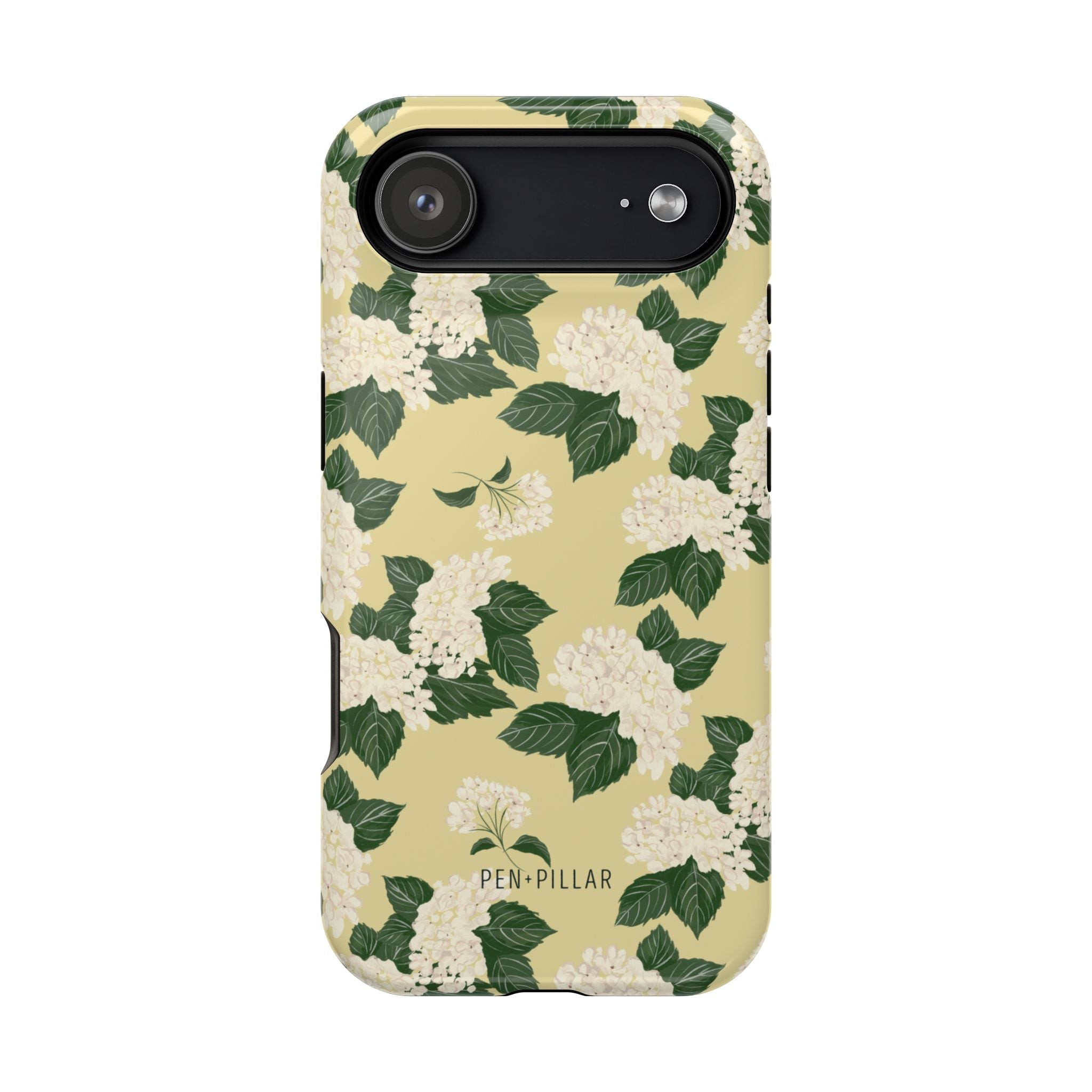 Hydrangea iPhone case featuring a floral design with white flowers and green leaves on a light yellow background.