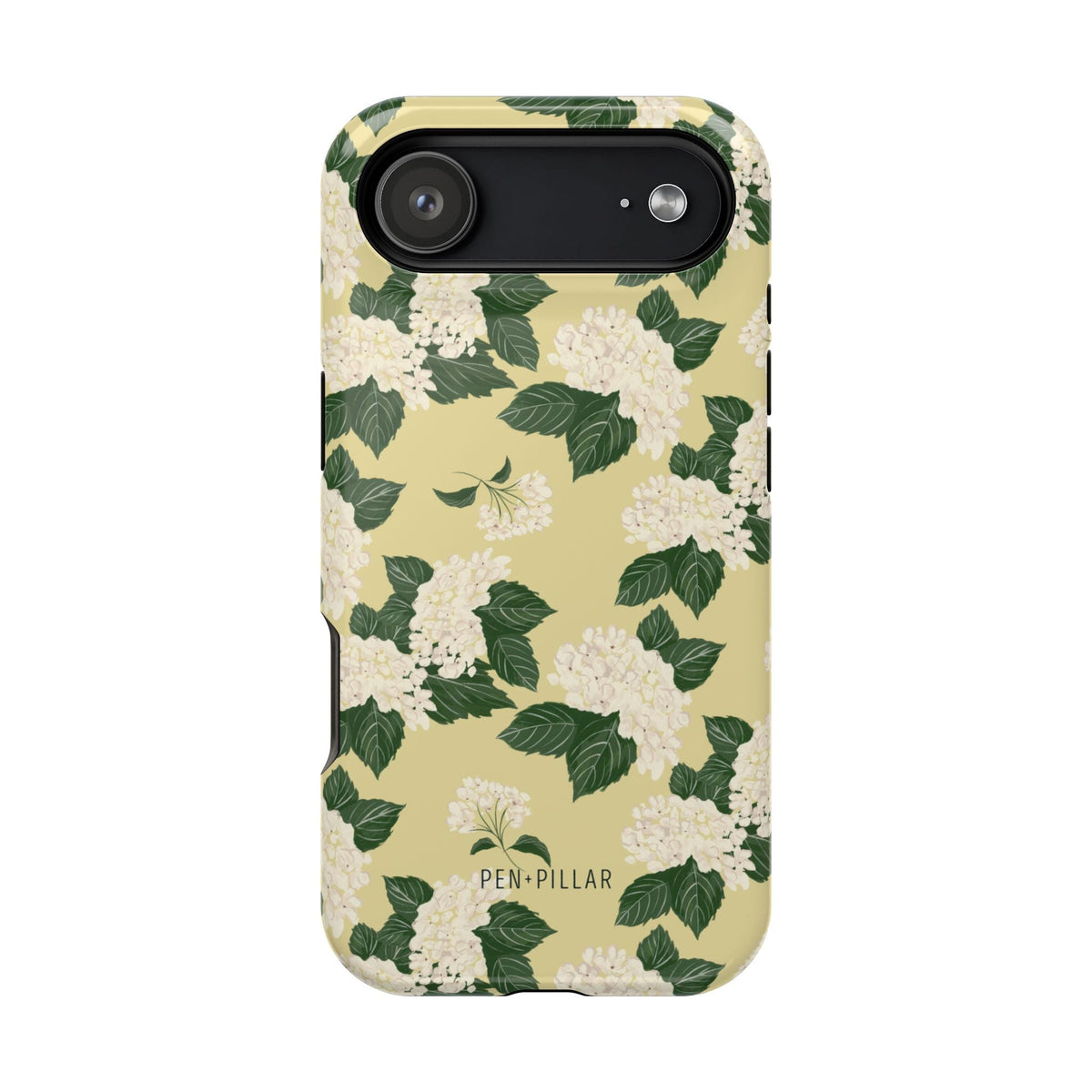 Hydrangea iPhone case featuring a floral design with white flowers and green leaves on a light yellow background.