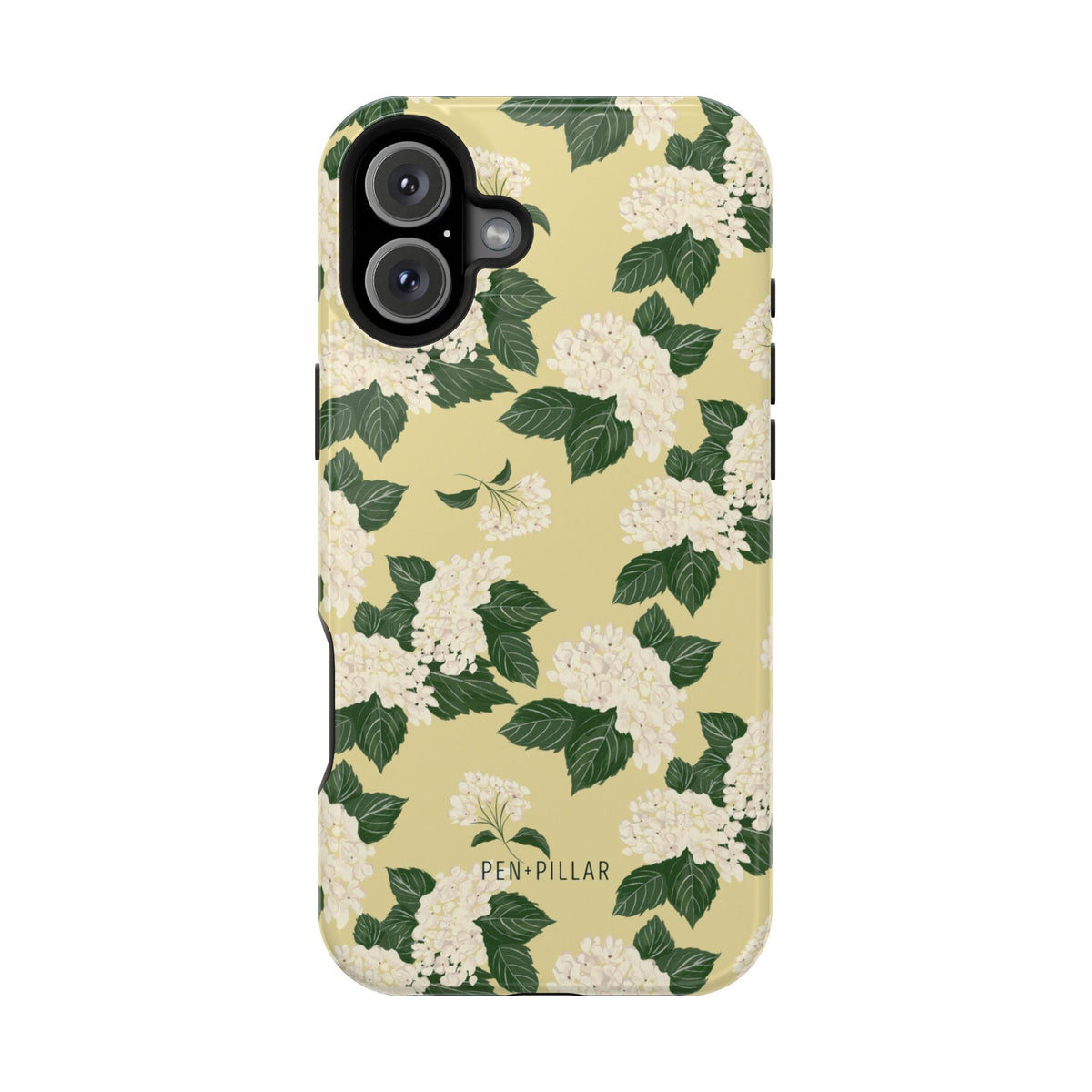 Hydrangea iPhone case featuring a floral design with white flowers and green leaves on a light yellow background.