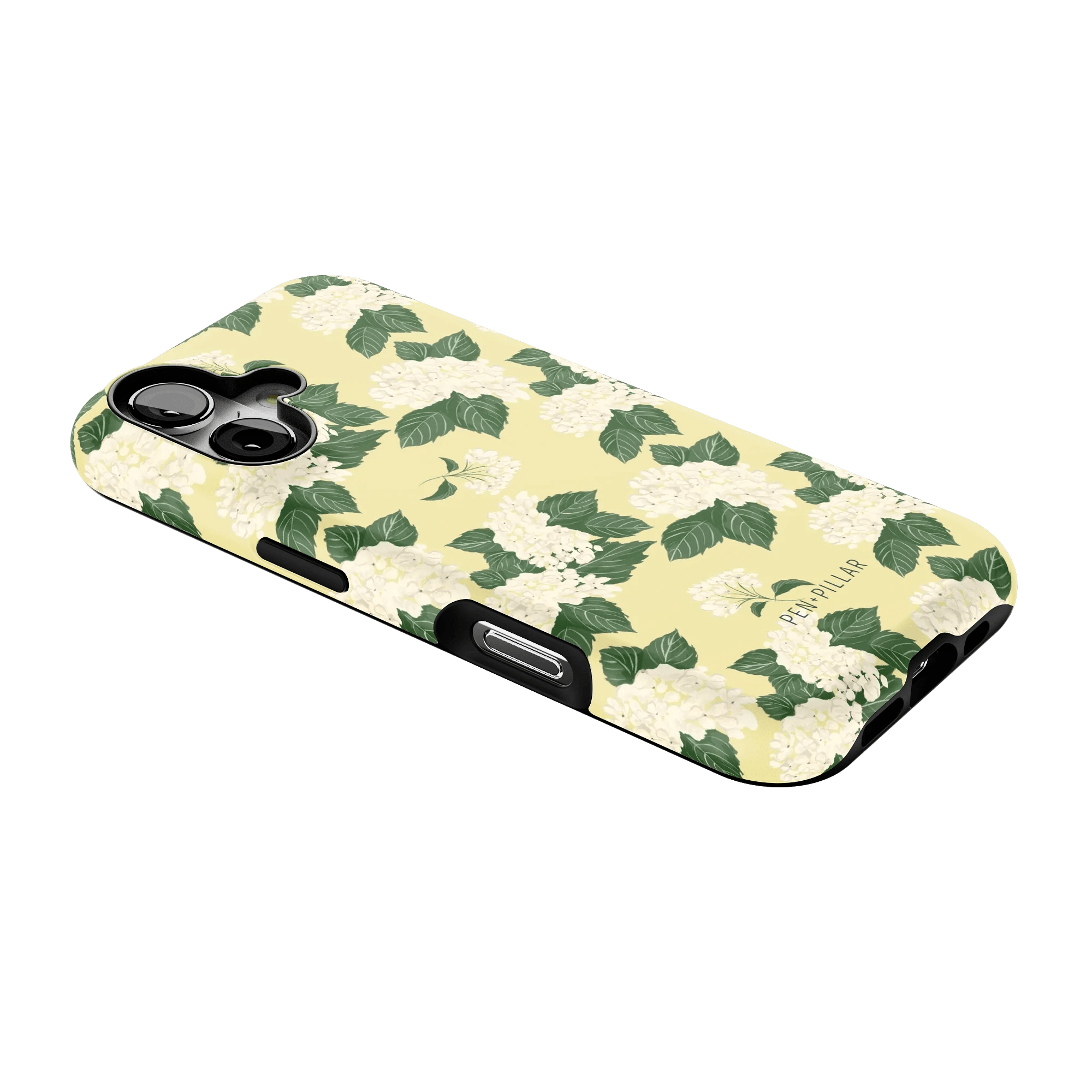 Hydrangea iPhone case featuring a floral design with white hydrangeas and green leaves on a yellow background.