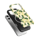 Hydrangea iPhone case featuring a floral design with yellow background and green leaves, shown from multiple angles.