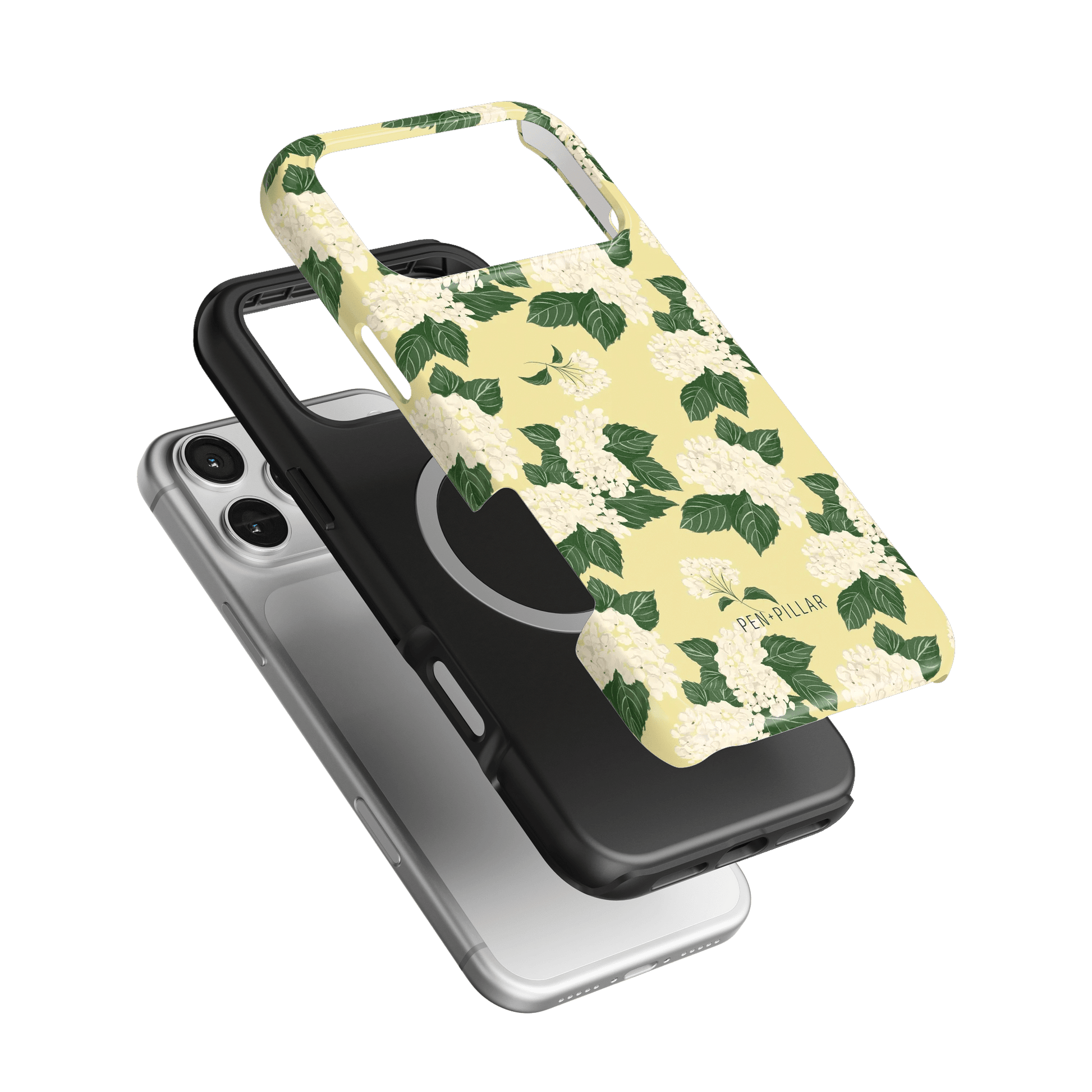 Hydrangea iPhone case featuring a floral design with yellow background and green leaves, shown from multiple angles.