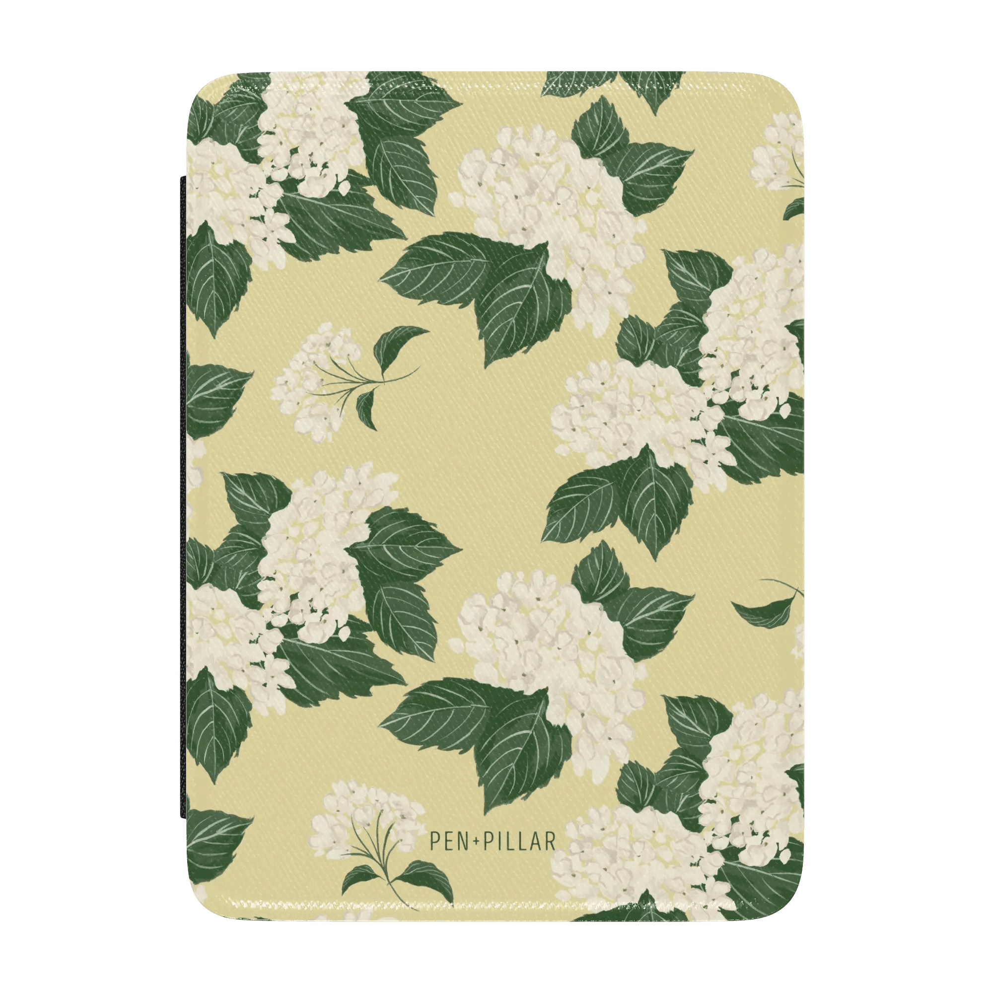 Hydrangea Kindle case featuring a yellow background with white hydrangea flowers and green leaves.