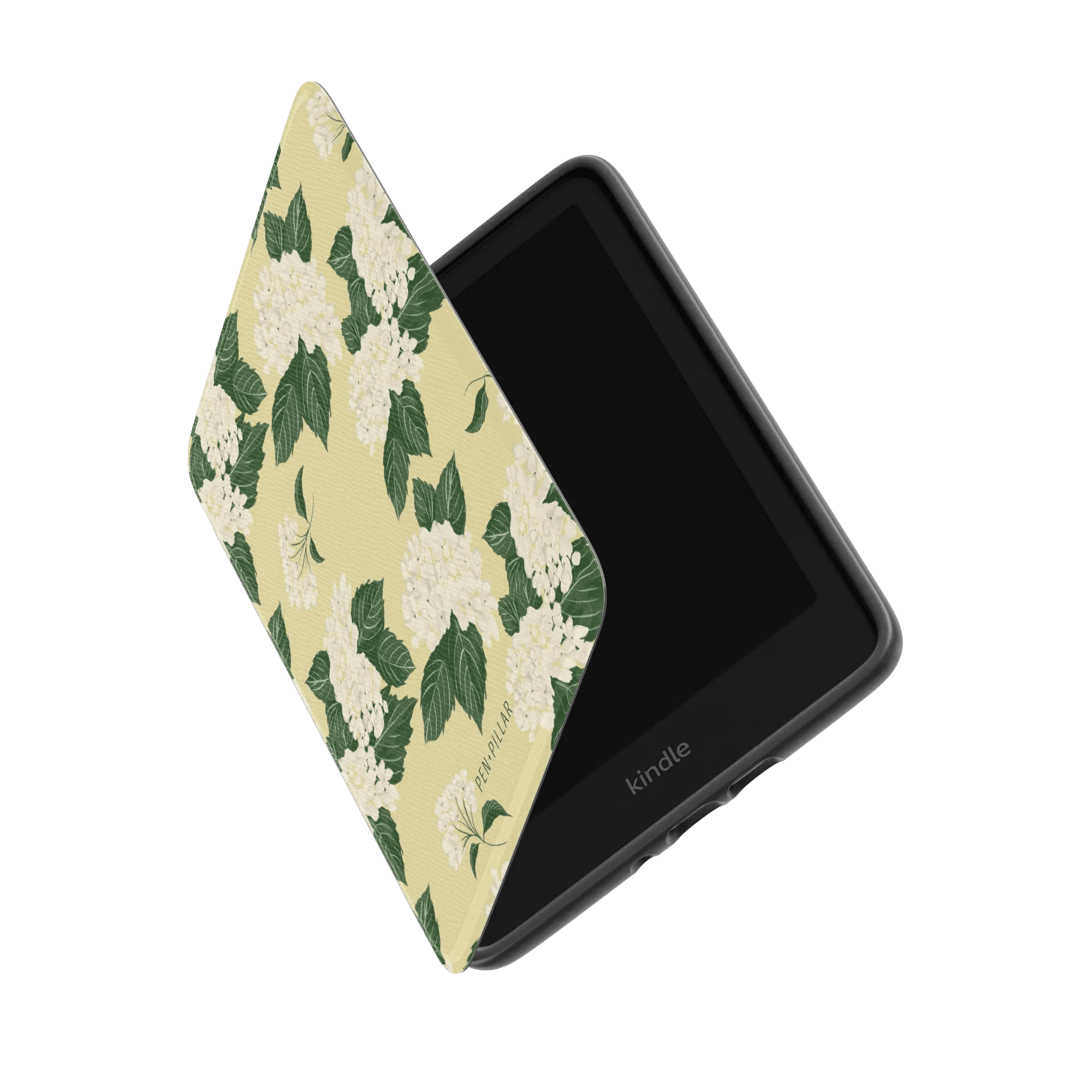 Hydrangea Kindle case with a floral design in white and green on a yellow background, partially open to show the screen.