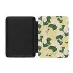 Hydrangea Kindle case with a floral design featuring white flowers and green leaves on a yellow background.