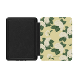Hydrangea Kindle case with a floral design featuring white flowers and green leaves on a yellow background.