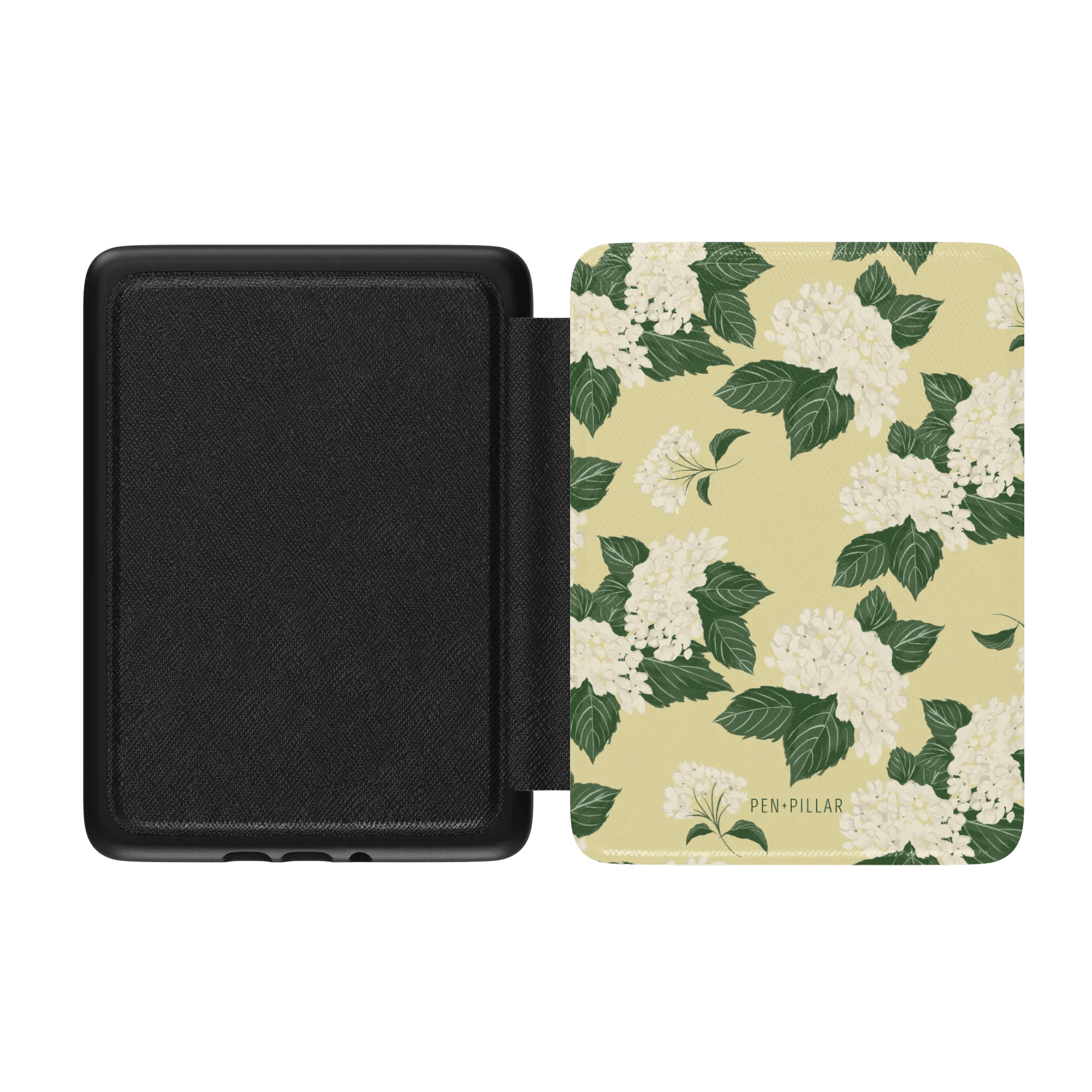 Hydrangea Kindle case with a floral design featuring white flowers and green leaves on a yellow background.