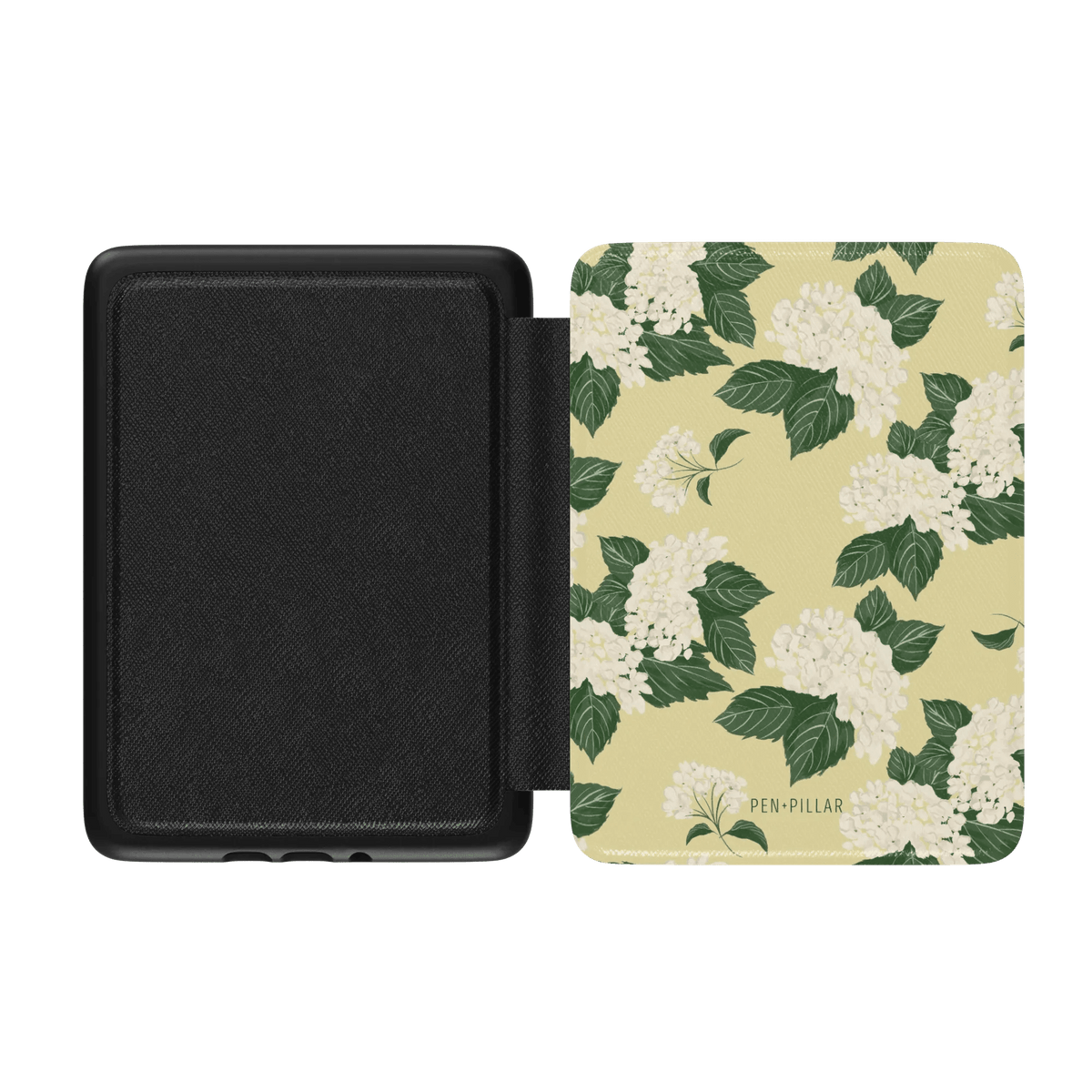 Hydrangea Kindle case with a floral design featuring white flowers and green leaves on a yellow background.