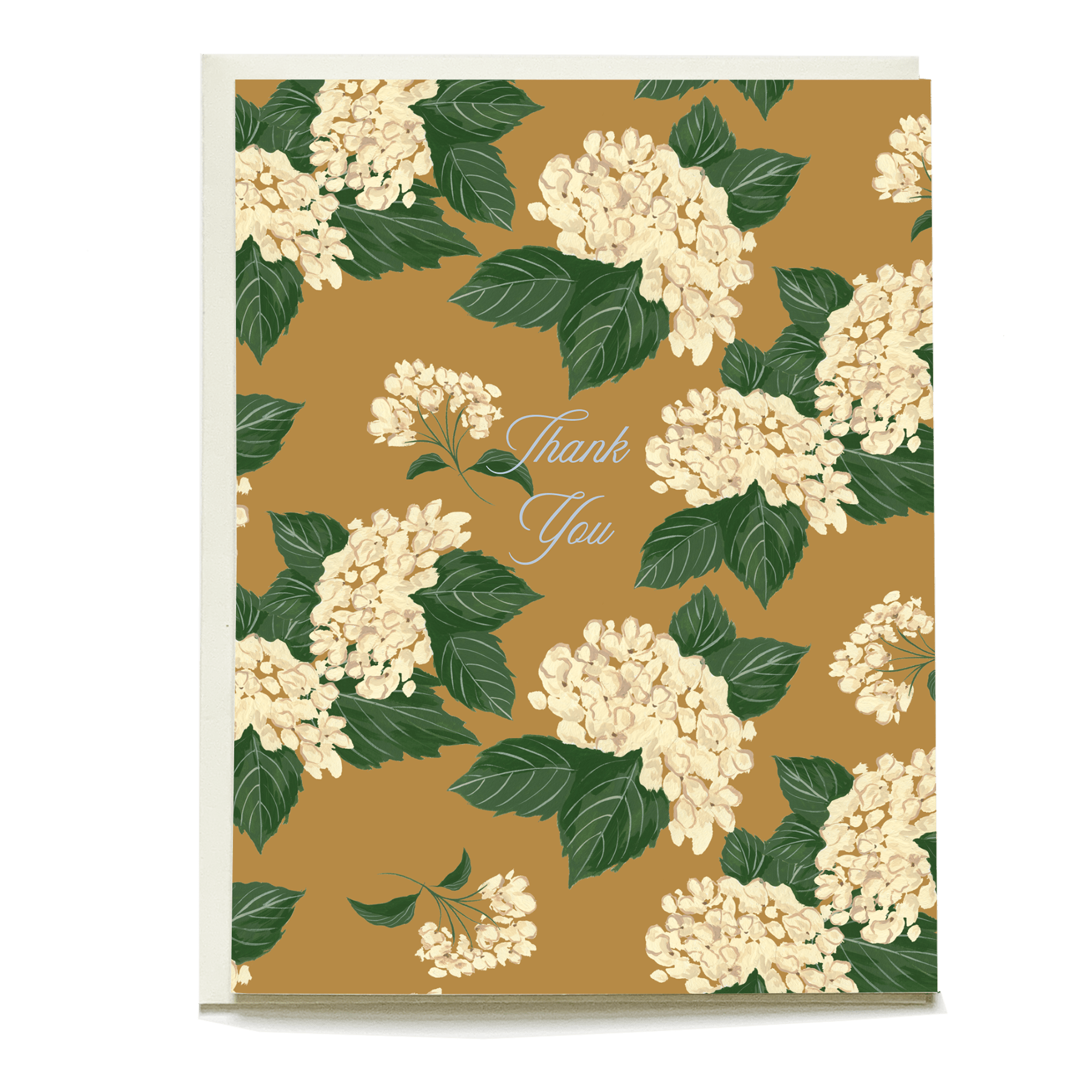Hydrangea thank you card featuring cream flowers on a gold background with green leaves and elegant script text.