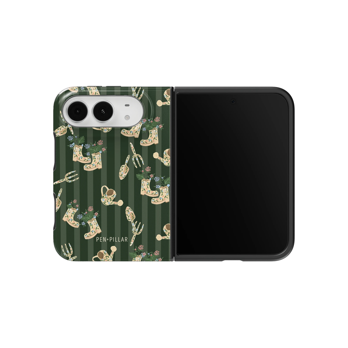 In the Garden iPhone 18 Duo case on an unfolded iPhone 18 Duo, back and screen side by side: garden boots, tools and florals on forest green stripes