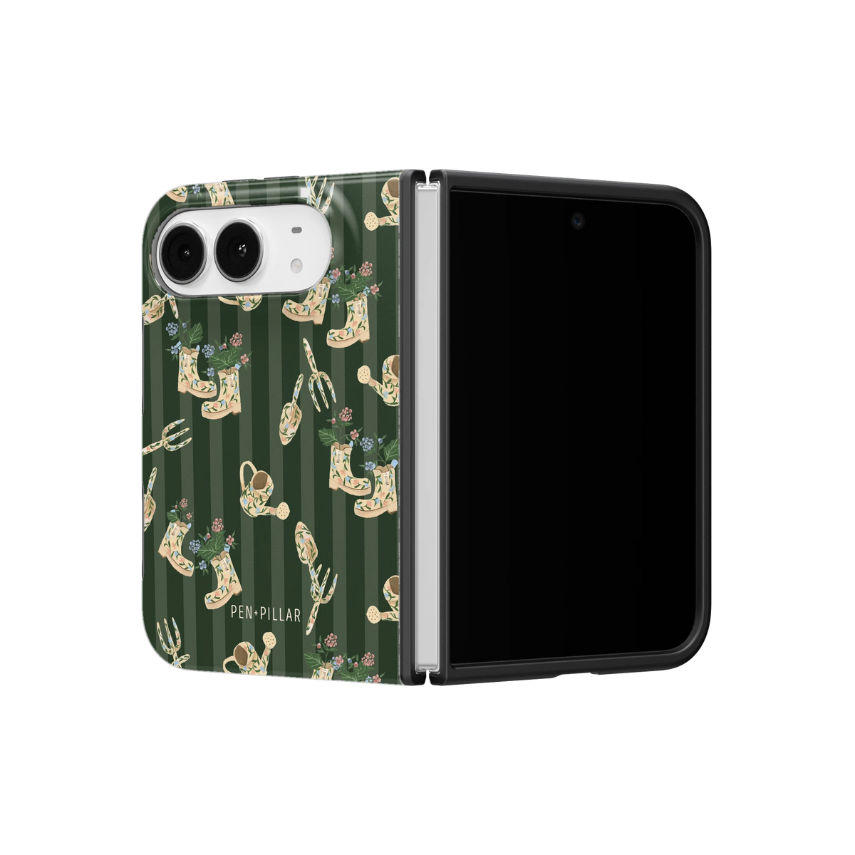 In the Garden iPhone 18 Duo case on a half-open iPhone 18 Duo, angled view