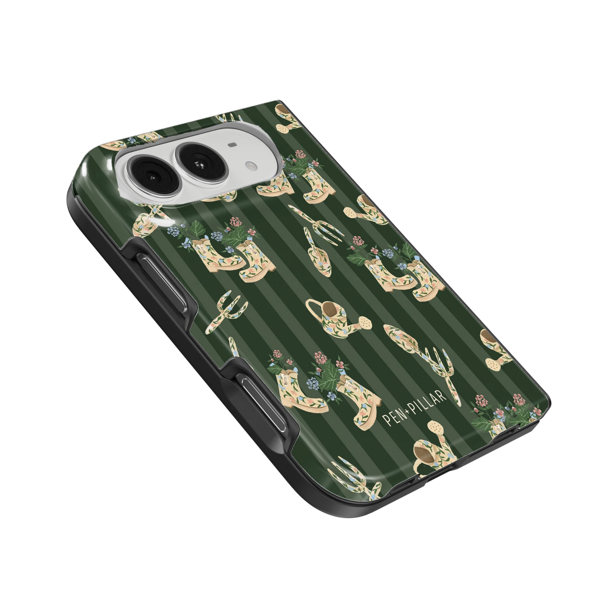 In the Garden iPhone 18 Duo case, angled view showing the camera surround and side buttons