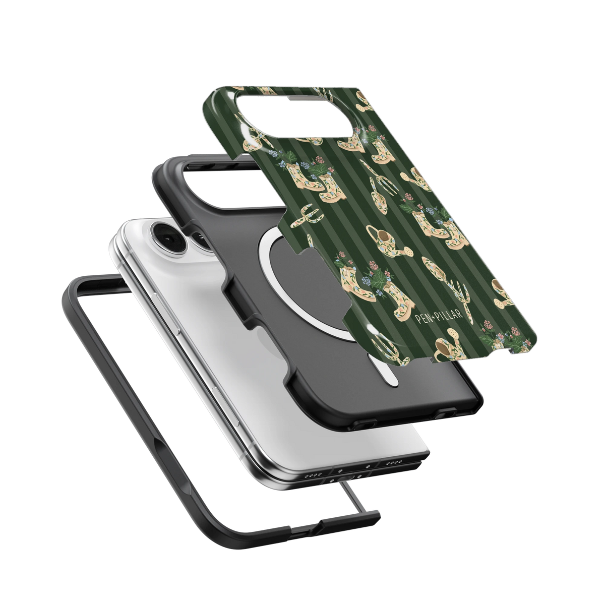 In the Garden iPhone 18 Duo case, exploded view of the printed shell, black inner layer with MagSafe ring, and phone