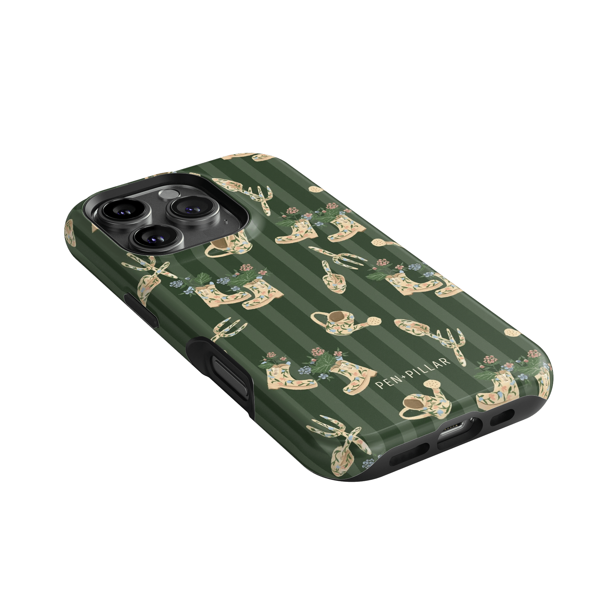 In the Garden iPhone case featuring a green background with floral and gardening tool patterns.