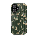 In the Garden iPhone case featuring a green striped background with floral and gardening tool patterns.
