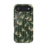 In the Garden iPhone case featuring a dark green background with gardening tools and floral patterns.