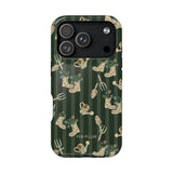 In the Garden iPhone case featuring gardening tools and plants on a dark green background.